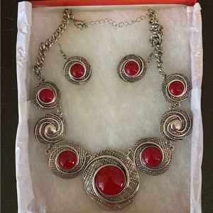 Silver necklace and earring set with red marbling accents
